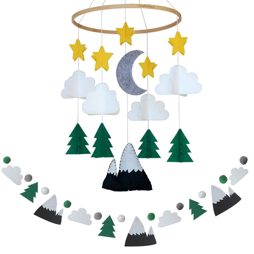 Starry Woodland Night, Baby Crib Mobile (Evergreen w/ Garland)