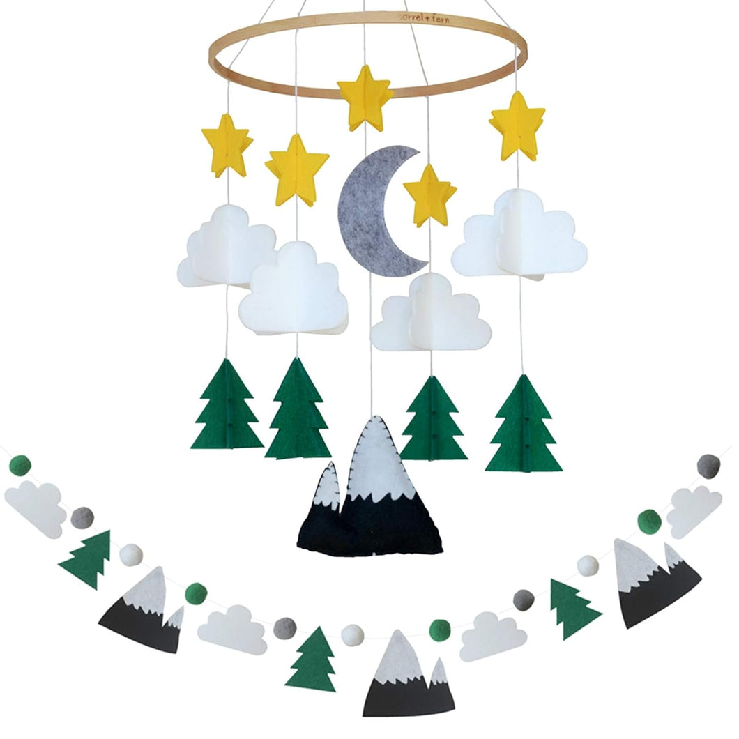 Starry Woodland Night, Baby Crib Mobile (Evergreen w/ Garland)