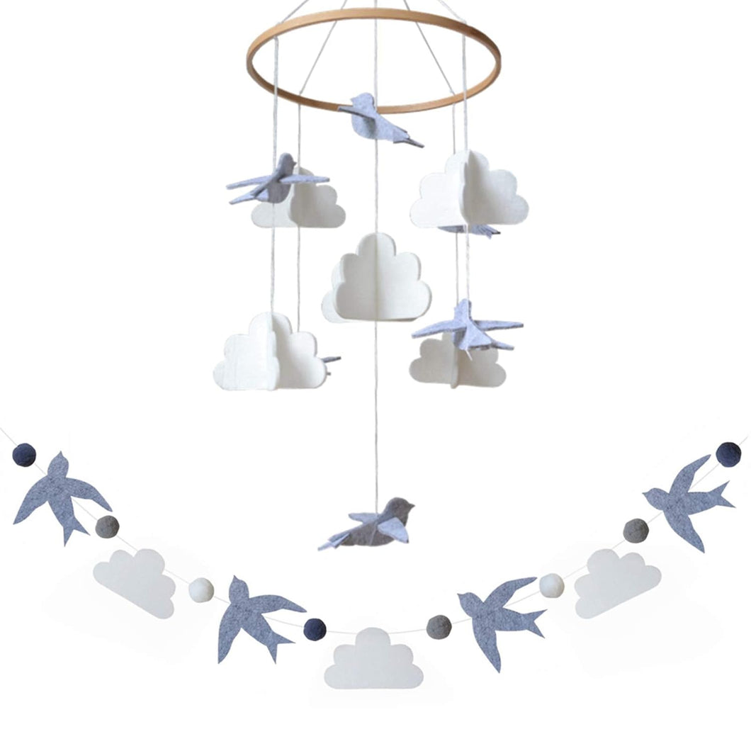 Birds in The Clouds w/Garland, Baby Crib Mobile