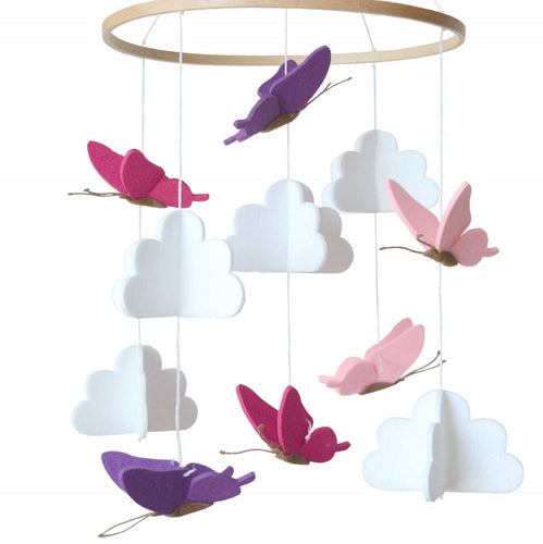 Butterflies in the Clouds, Baby Crib Mobile (Pink, Purple & Fuschia)